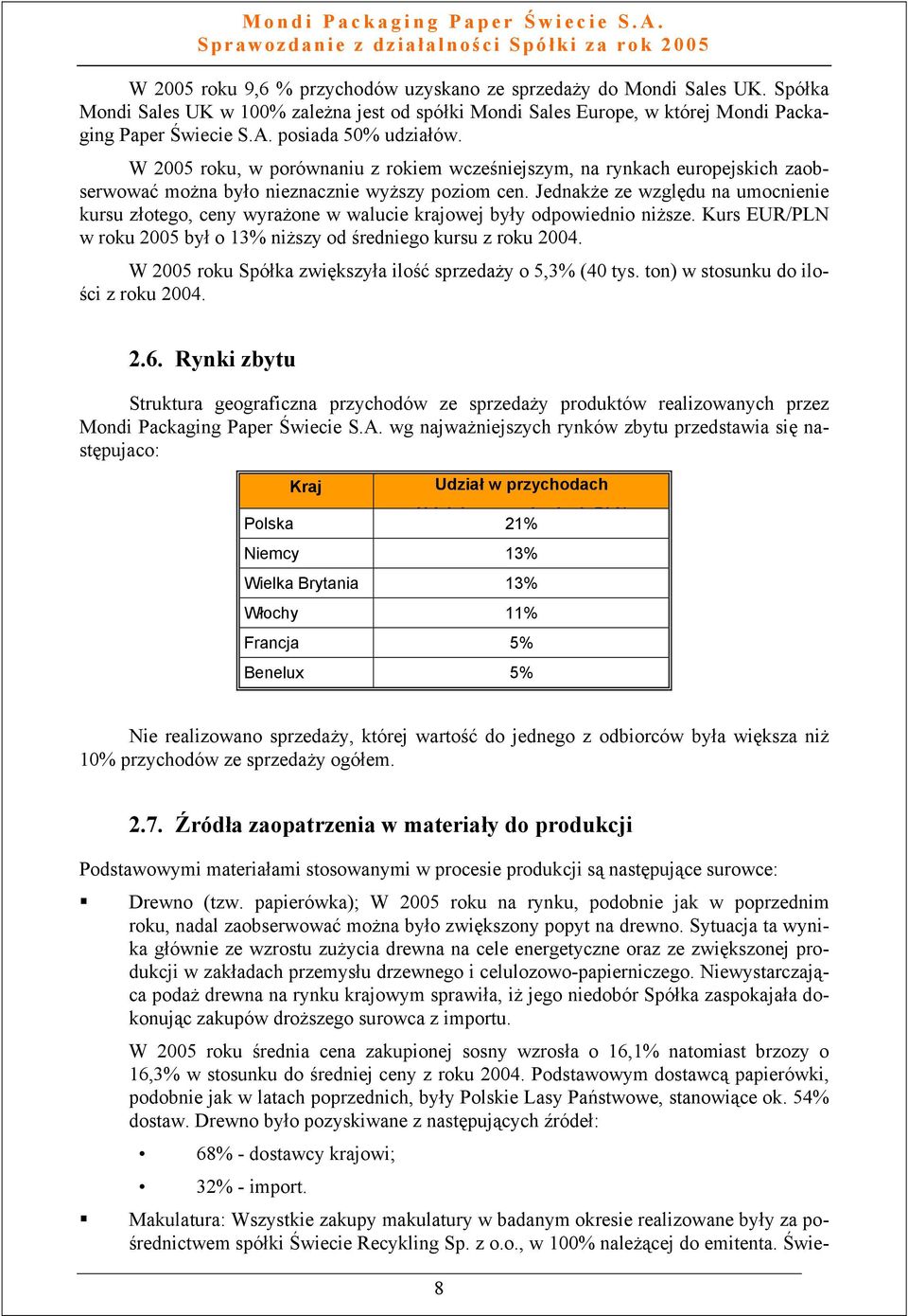 Jednakże ze względu na umocnienie kursu złotego, ceny wyrażone w walucie krajowej były odpowiednio niższe. Kurs EUR/PLN w roku 2005 był o 13% niższy od średniego kursu z roku 2004.