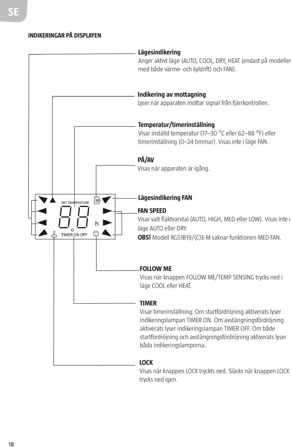 Visas inte i läge FAN. PÅ/AV Visas när apparaten är igång. Lägesindikering FAN FAN SPEED Visar valt fläktvarvtal (AUTO, HIGH, MED eller LOW). Visas inte i läge AUTO eller DRY. OBS!