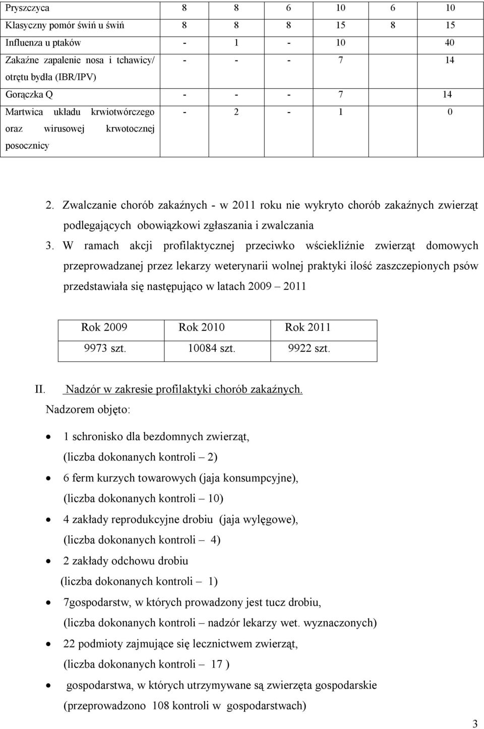 Zwalczanie chorób zakaźnych - w 2011 roku nie wykryto chorób zakaźnych zwierząt podlegających obowiązkowi zgłaszania i zwalczania 3.