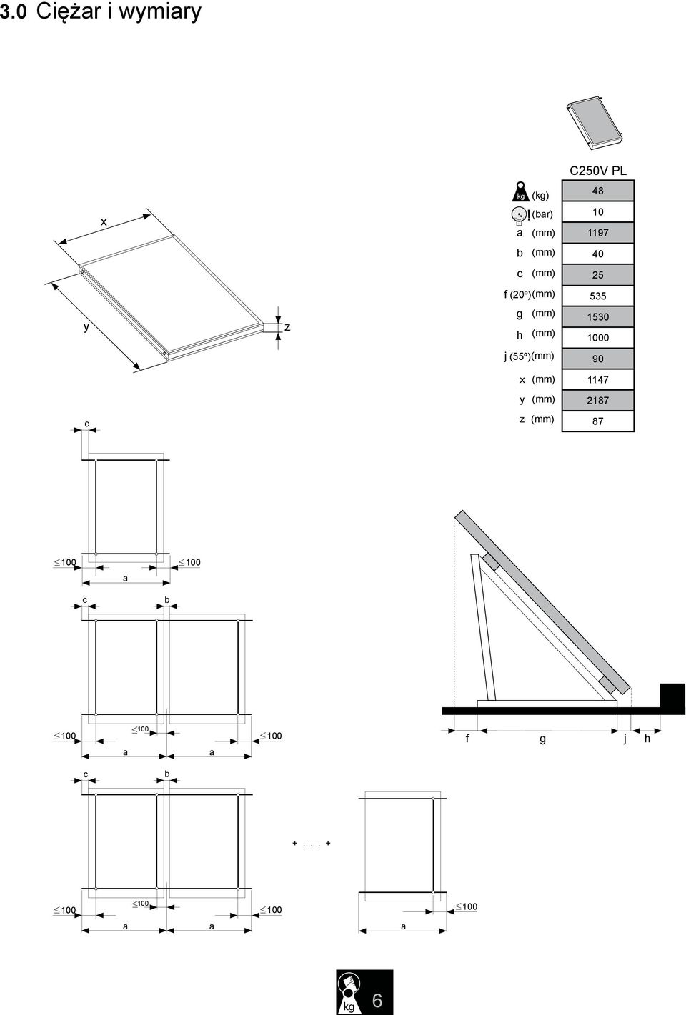 1000 j (55º)(mm) 90 x (mm) 1147 y (mm) 2187 c z (mm) 87 100 100