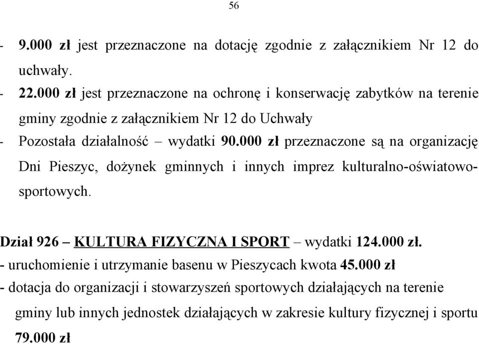 000 przeznaczone są na organizację Dni Pieszyc, dożynek gminnych i innych imprez kulturalno-oświatowosportowych.