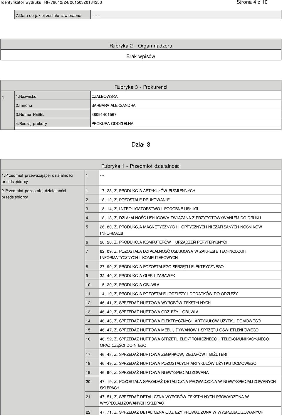 Przedmiot pozostałej działalności przedsiębiorcy 1 --- 1 17, 23, Z, PRODUKCJA ARTYKUŁÓW PIŚMIENNYCH 2 18, 12, Z, POZOSTAŁE DRUKOWANIE 3 18, 14, Z, INTROLIGATORSTWO I PODOBNE USŁUGI 4 18, 13, Z,