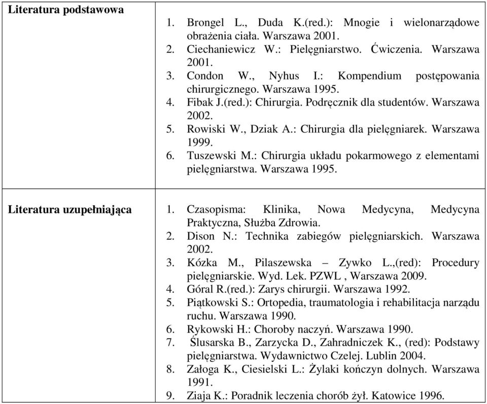 Tuszewski M.: Chirurgia układu pokarmowego z elementami pielęgniarstwa. Warszawa 99. Literatura uzupełniająca. Czasopisma: Klinika, Nowa Medycyna, Medycyna Praktyczna, Służba Zdrowia. 2. Dison N.