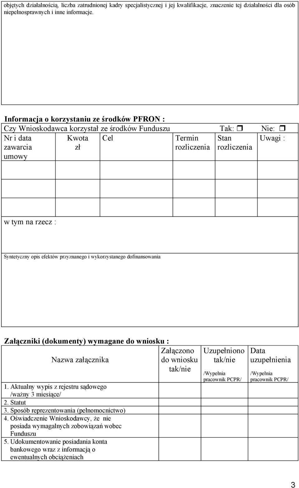 Syntetyczny opis efektów przyznanego i wykorzystanego dofinansowania Załączniki (dokumenty) wymagane do wniosku : Załączono Nazwa załącznika do wniosku tak/nie 1.