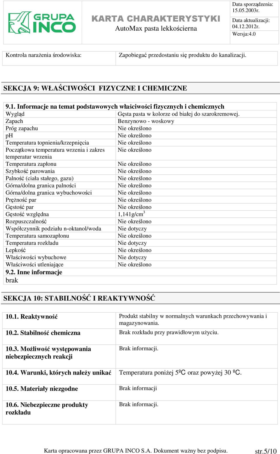 Zapach Benzynowo - woskowy Próg zapachu ph Temperatura topnienia/krzepnięcia Początkowa temperatura wrzenia i zakres temperatur wrzenia Temperatura zapłonu Szybkość parowania Palność (ciała stałego,