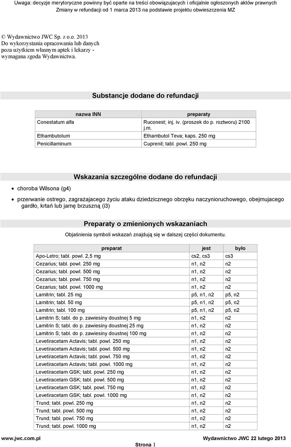 powl. 250 mg choroba Wilsona (g4) Wskazania szczególne dodane do refundacji przerwanie ostrego, zagrażajacego życiu ataku dziedzicznego obrzęku naczynioruchowego, obejmujacego gardło, krtań lub jamę