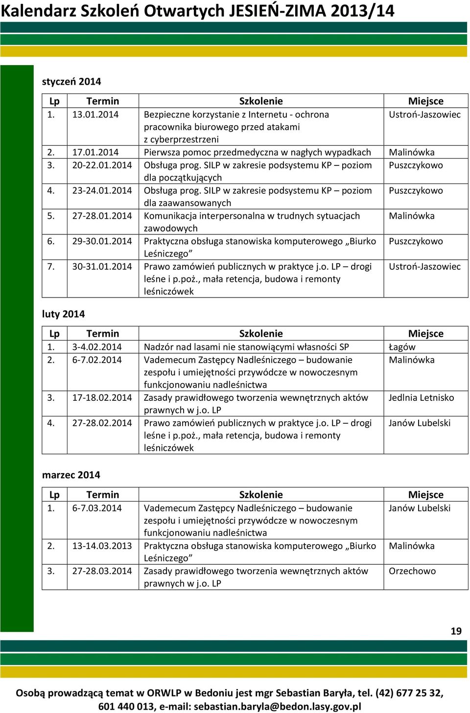 27-28.01.2014 Komunikacja interpersonalna w trudnych sytuacjach Malinówka zawodowych 6. 29-30.01.2014 Praktyczna obsługa stanowiska komputerowego Biurko Puszczykowo Leśniczego 7. 30-31.01.2014 Prawo zamówień publicznych w praktyce j.