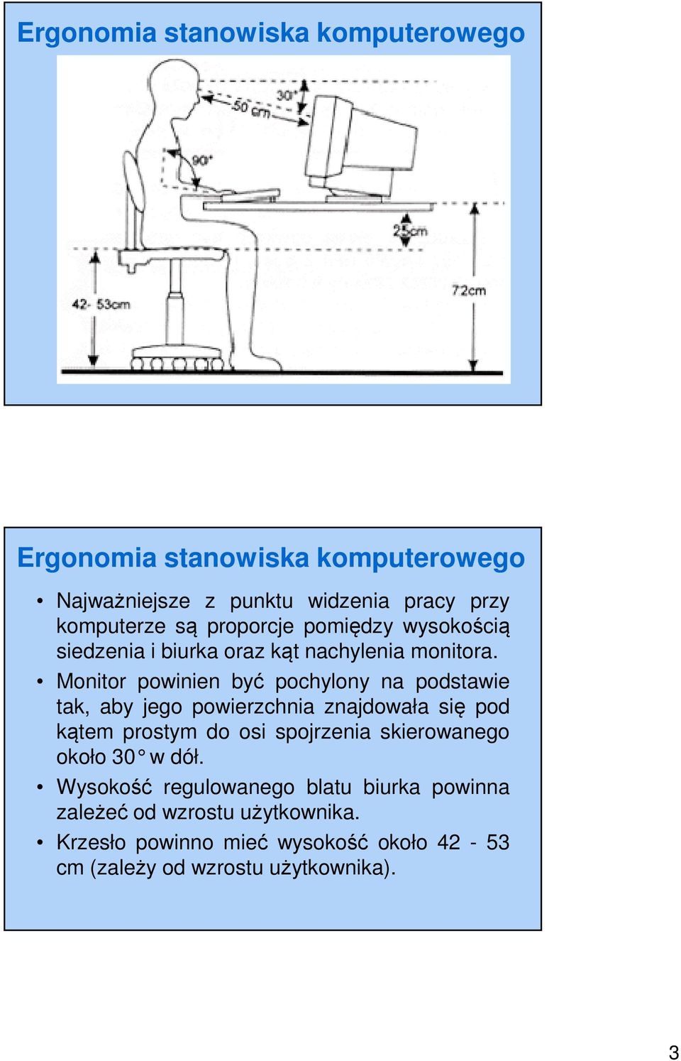 Monitor powinien być pochylony na podstawie tak, aby jego powierzchnia znajdowała się pod kątem prostym do osi spojrzenia