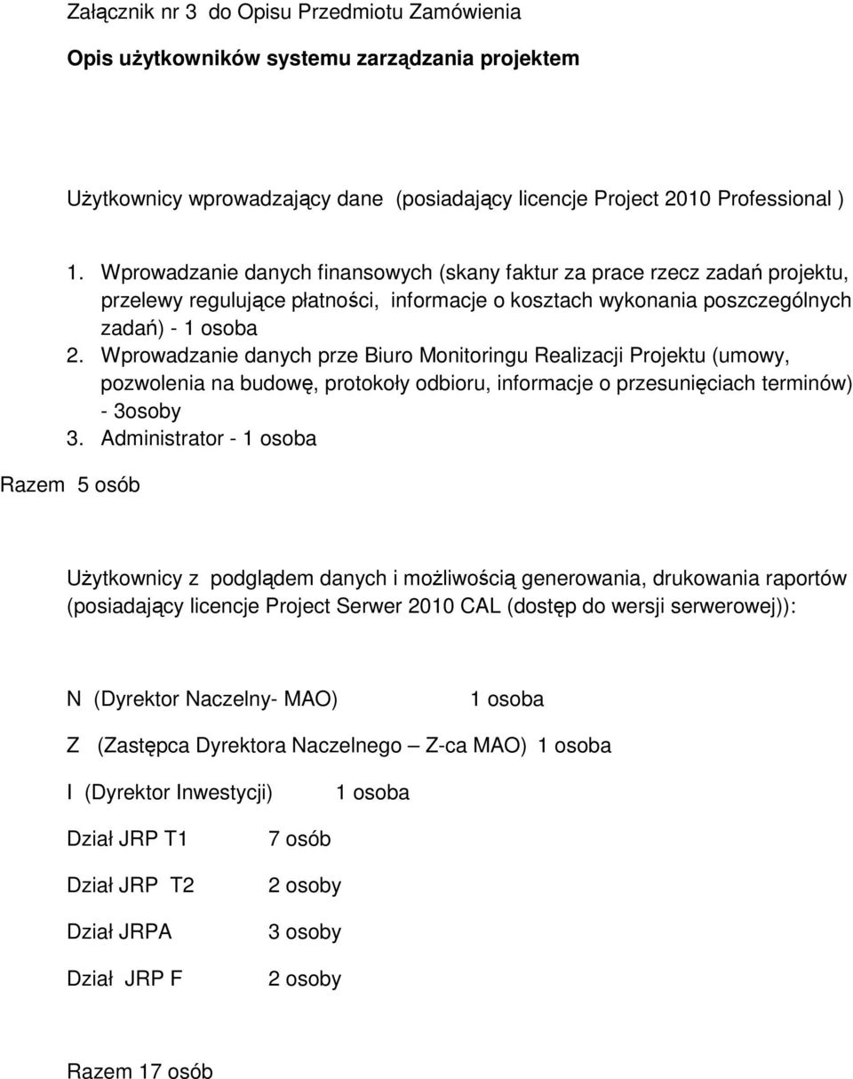 Wprowadzanie danych prze Biuro Monitoringu Realizacji Projektu (umowy, pozwolenia na budowę, protokoły odbioru, informacje o przesunięciach terminów) - 3osoby 3.