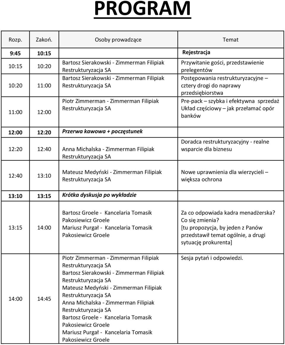 Filipiak Przywitanie gości, przedstawienie prelegentów Postępowania restrukturyzacyjne cztery drogi do naprawy przedsiębiorstwa Pre-pack szybka i efektywna sprzedaż Układ częściowy jak przełamać opór