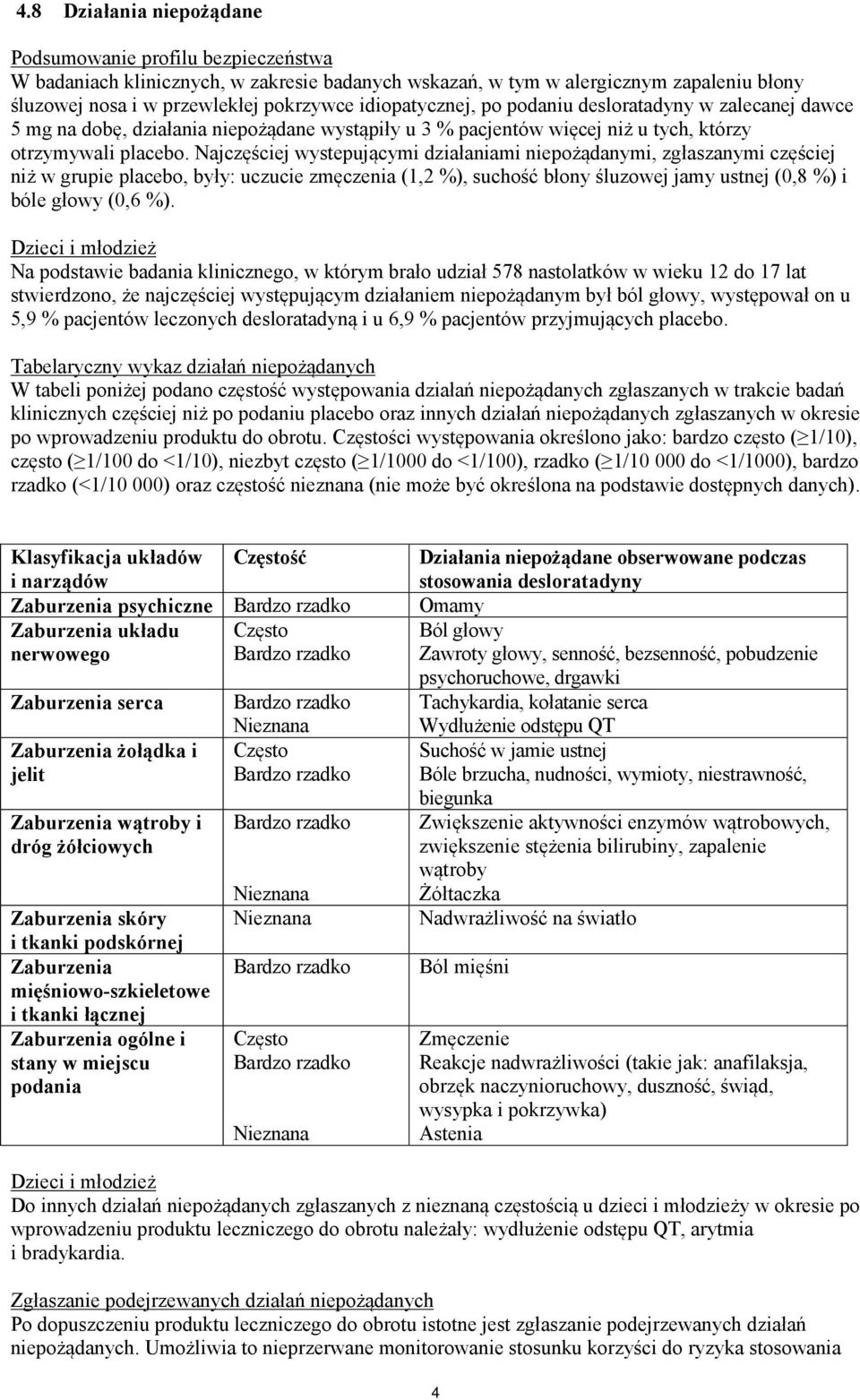 Najczęściej wystepującymi działaniami niepożądanymi, zgłaszanymi częściej niż w grupie placebo, były: uczucie zmęczenia (1,2 %), suchość błony śluzowej jamy ustnej (0,8 %) i bóle głowy (0,6 %).