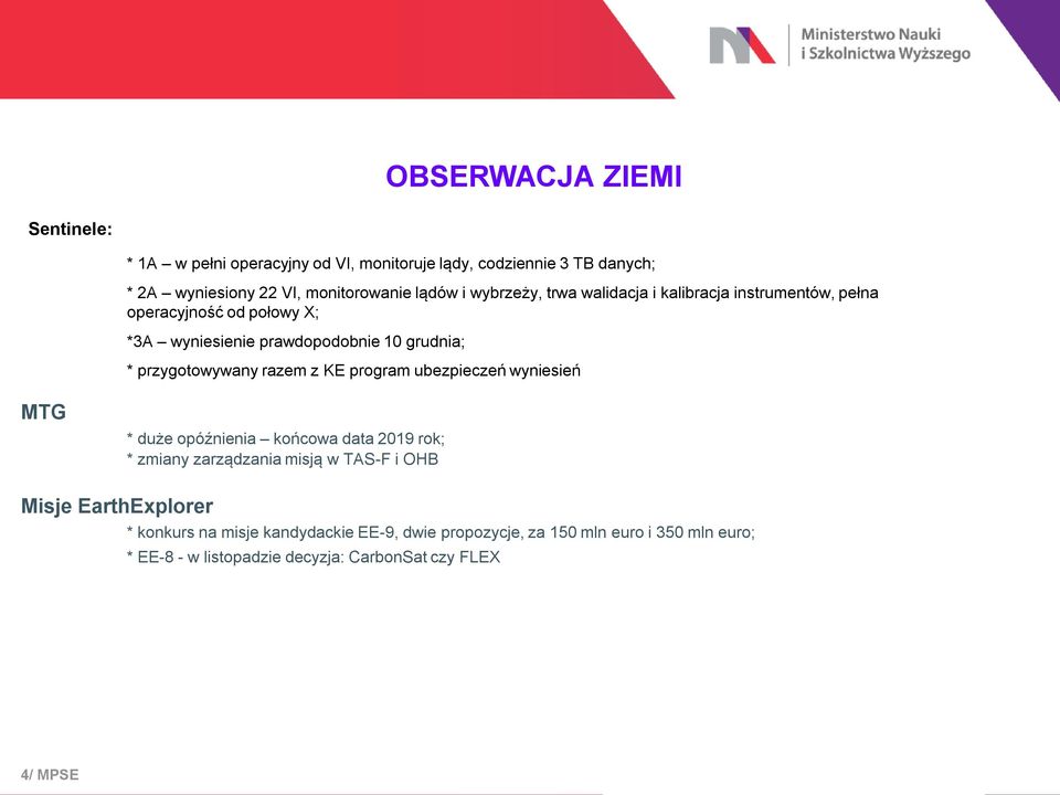 razem z KE program ubezpieczeń wyniesień MTG * duże opóźnienia końcowa data 2019 rok; * zmiany zarządzania misją w TAS-F i OHB Misje