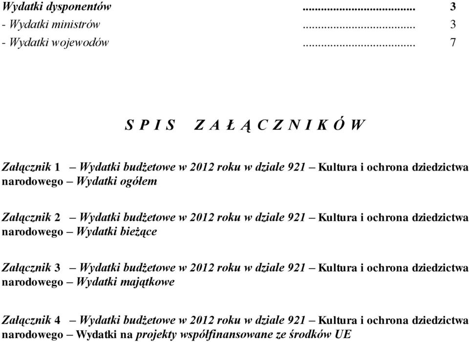 Załącznik 2 Wydatki budżetowe w 2012 roku w dziale 921 Kultura i ochrona dziedzictwa narodowego Wydatki bieżące Załącznik 3 Wydatki budżetowe w