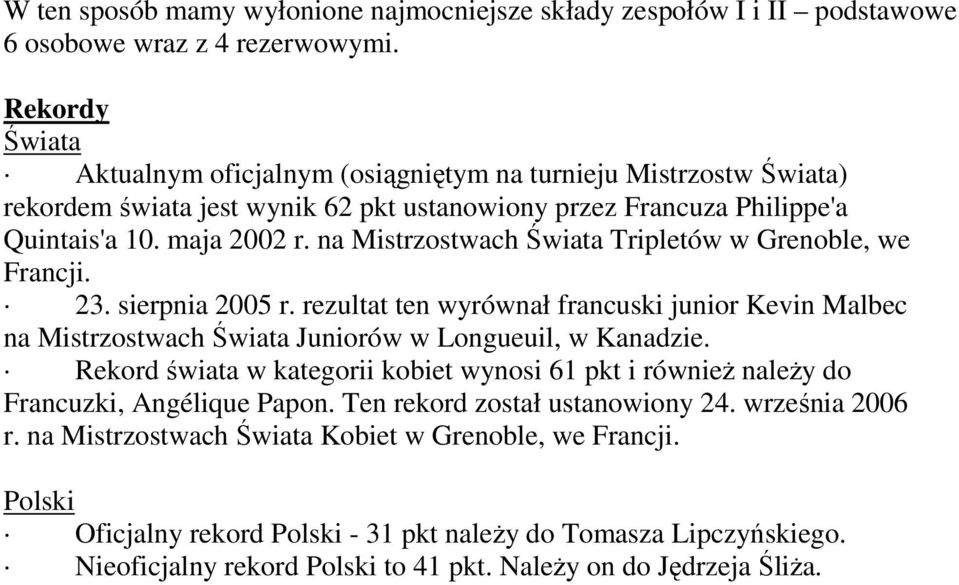 na Mistrzostwach Świata Tripletów w Grenoble, we Francji. 23. sierpnia 2005 r. rezultat ten wyrównał francuski junior Kevin Malbec na Mistrzostwach Świata Juniorów w Longueuil, w Kanadzie.