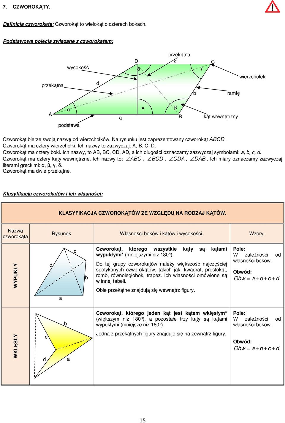 Czworokąt m ztery wierzołki. I nzwy to zzwyzj:,, C, D. Czworokąt m ztery oki. I nzwy, to, C, CD, D, i długośi oznzmy zzwyzj symolmi:,,, d. Czworokąt m ztery kąty wewnętrzne. I nzwy to: C, CD, CD, D.