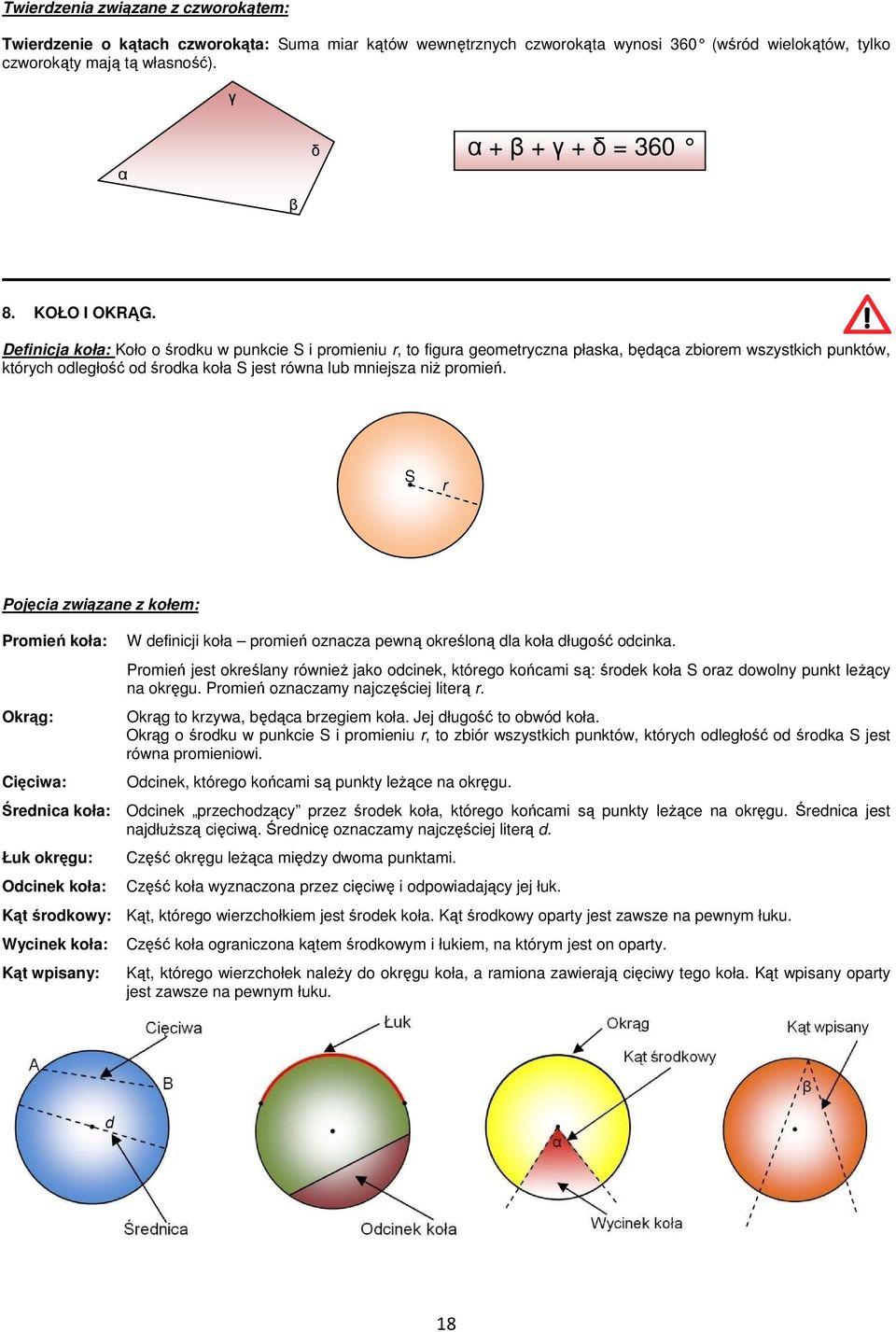 S r Pojęi związne z kołem: Promień koł: Okrąg: Cięiw: W definiji koł promień oznz pewną określoną dl koł długość odink.