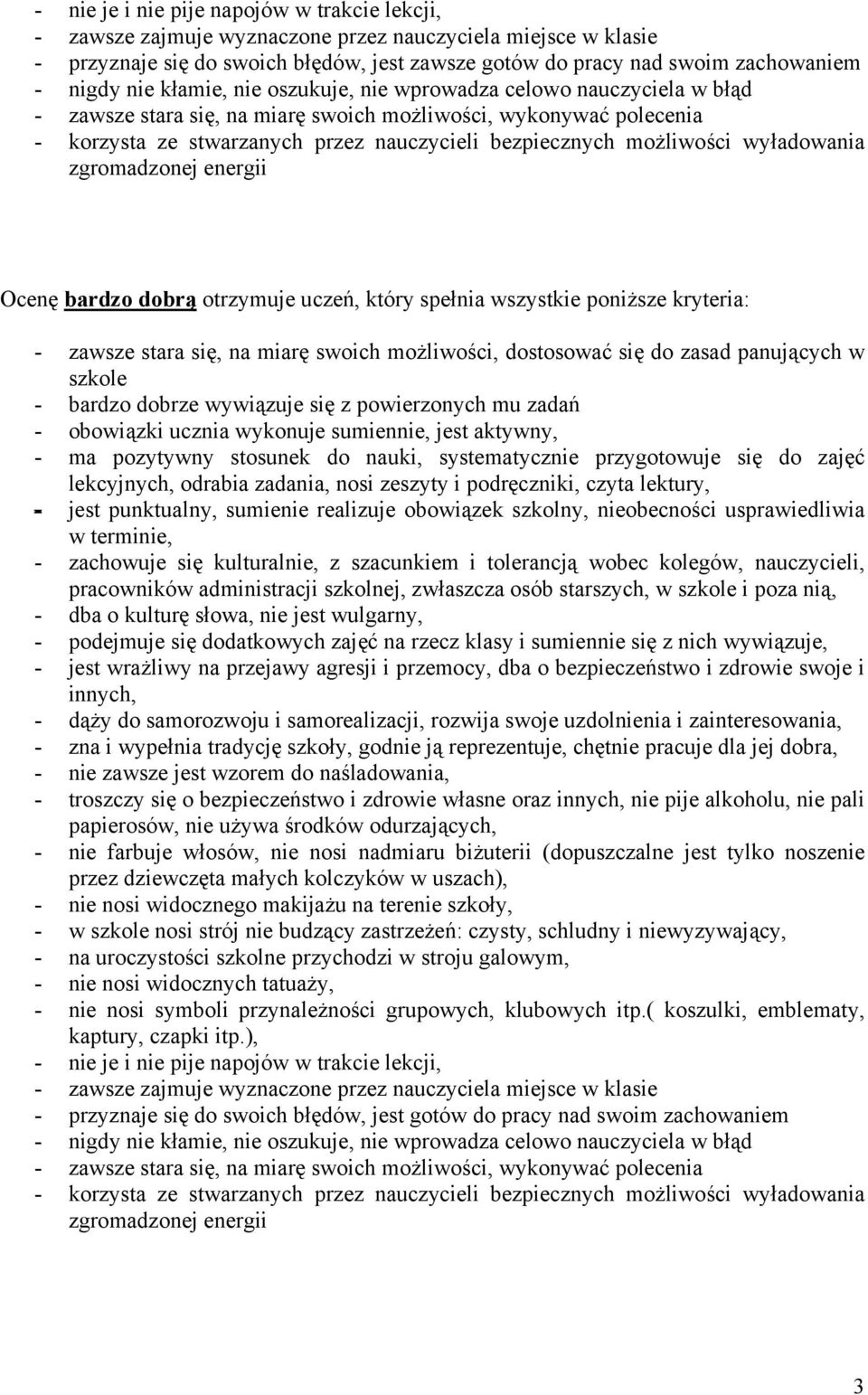 możliwości wyładowania Ocenę bardzo dobrą otrzymuje uczeń, który spełnia wszystkie poniższe kryteria: - zawsze stara się, na miarę swoich możliwości, dostosować się do zasad panujących w szkole -