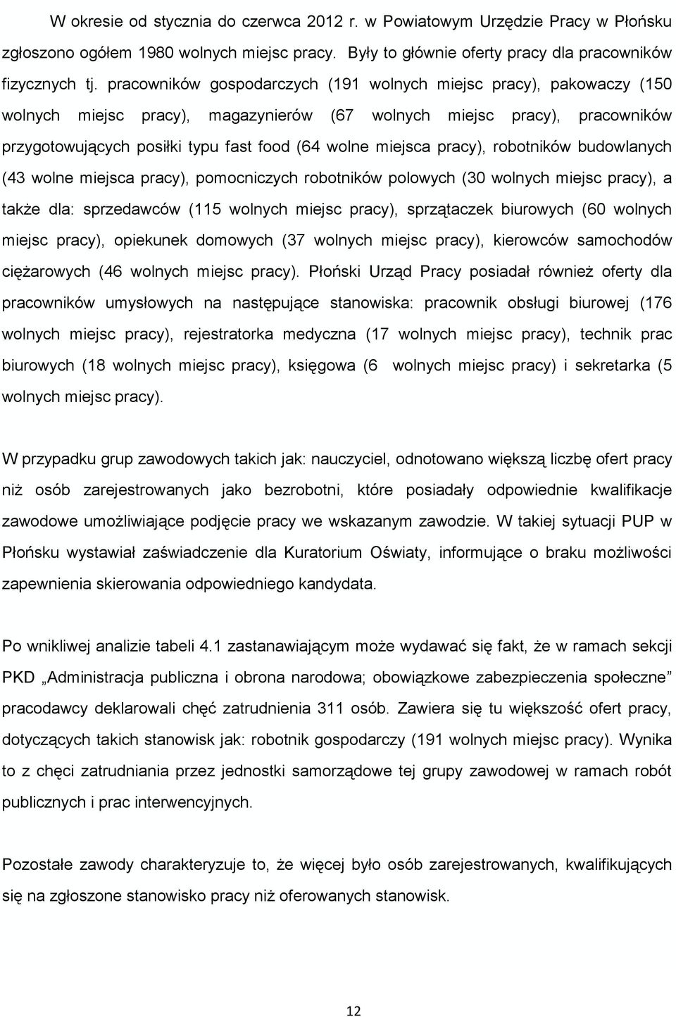 miejsca pracy), robotników budowlanych (43 wolne miejsca pracy), pomocniczych robotników polowych (30 wolnych miejsc pracy), a także dla: sprzedawców (115 wolnych miejsc pracy), sprzątaczek biurowych