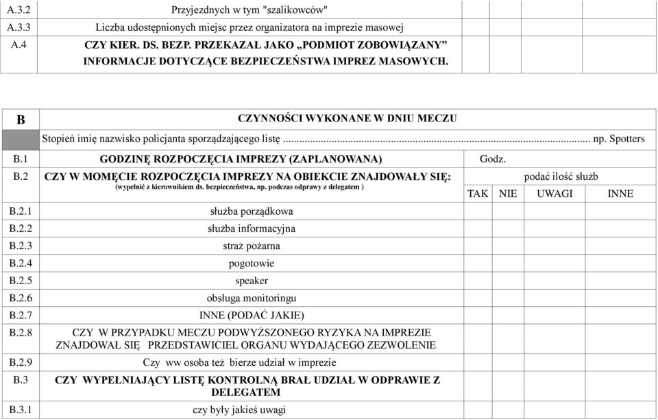 1 GODZINĘ ROZPOCZĘCIA IMPREZY (ZAPLANOWANA) Godz. B.2 CZY W MOMĘCIE ROZPOCZĘCIA IMPREZY NA OBIEKCIE ZNAJDOWAŁY SIĘ: (wypełnić z kierownikiem ds. bezpieczeństwa, np. podczas odprawy z delegatem ) B.2.1 B.