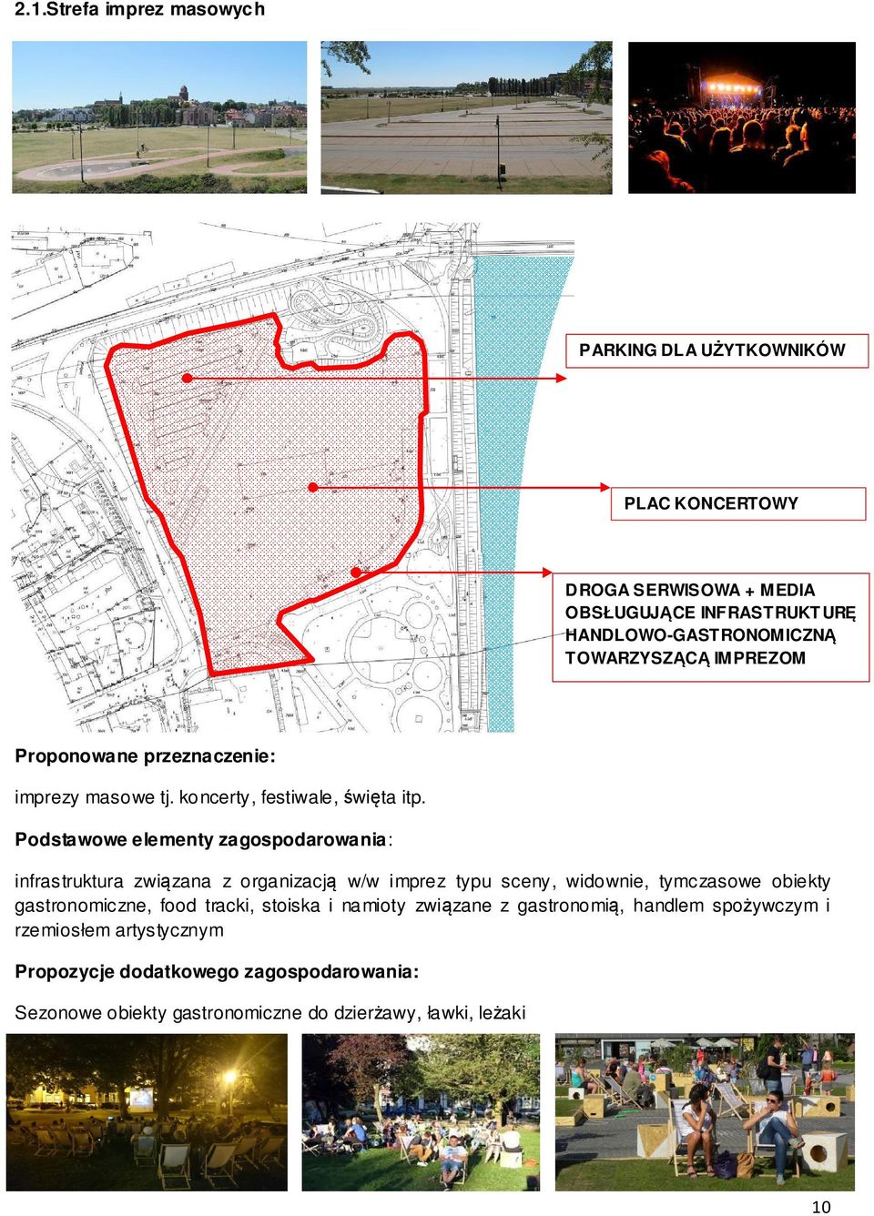 Podstawowe elementy zagospodarowania: infrastruktura związana z organizacją w/w imprez typu sceny, widownie, tymczasowe obiekty gastronomiczne,