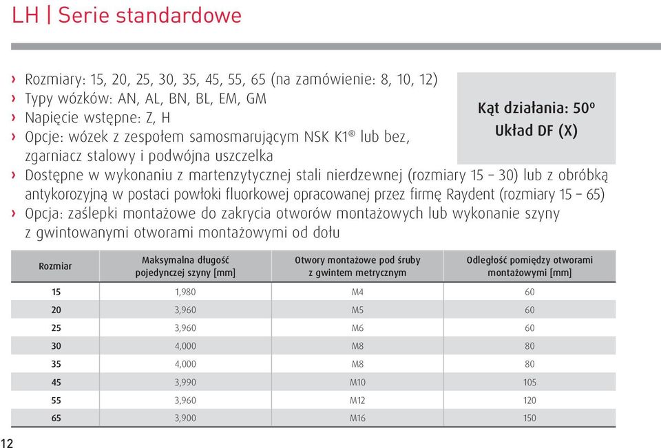 powłoki fluorkowej opracowanej przez firmę Raydent (rozmiary 15 65) Opcja: zaślepki montażowe do zakrycia otworów montażowych lub wykonanie szyny z gwintowanymi otworami montażowymi od dołu Rozmiar