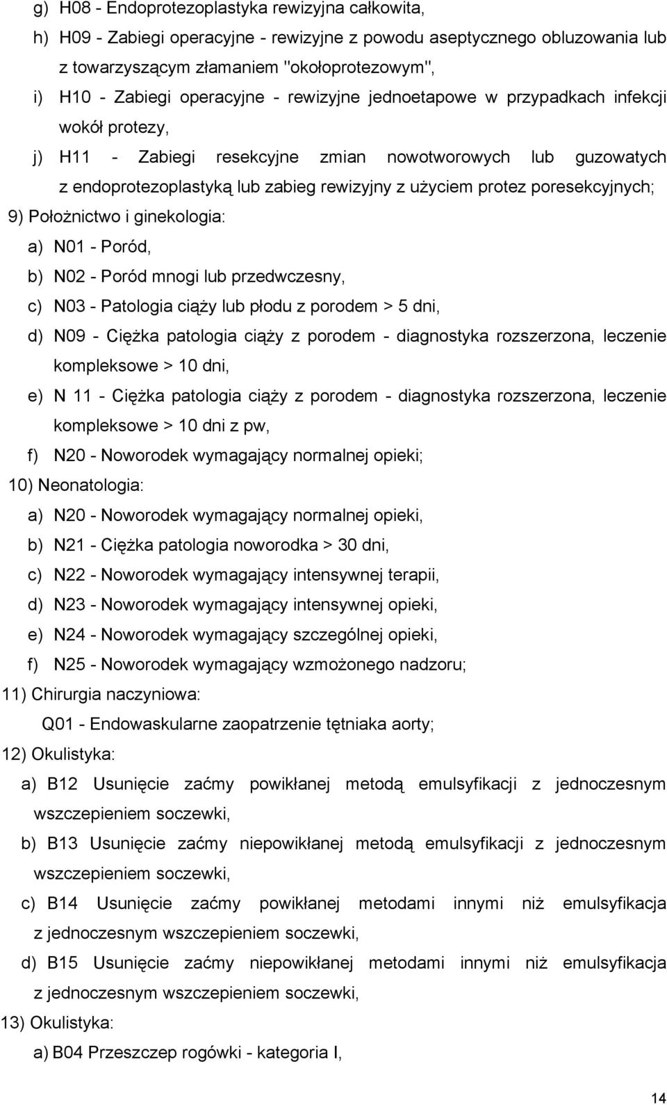 poresekcyjnych; 9) Położnictwo i ginekologia: a) N01 - Poród, b) N02 - Poród mnogi lub przedwczesny, c) N03 - Patologia ciąży lub płodu z porodem > 5 dni, d) N09 - Ciężka patologia ciąży z porodem -