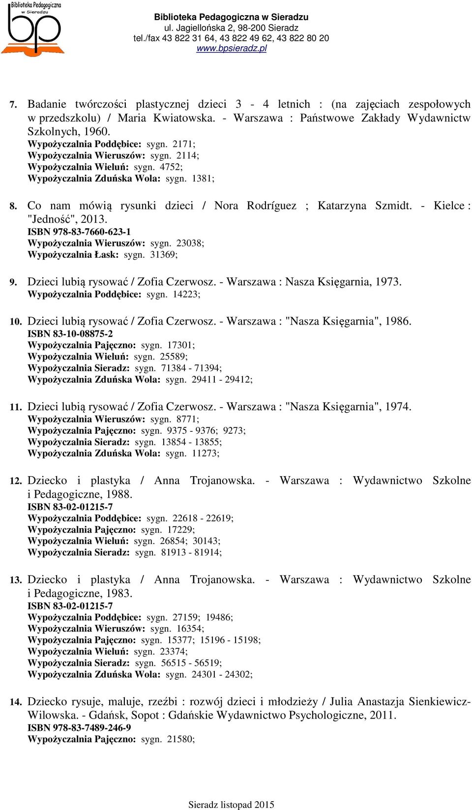 Co nam mówią rysunki dzieci / Nora Rodríguez ; Katarzyna Szmidt. - Kielce : "Jedność", 2013. ISBN 978-83-7660-623-1 Wypożyczalnia Wieruszów: sygn. 23038; Wypożyczalnia Łask: sygn. 31369; 9.