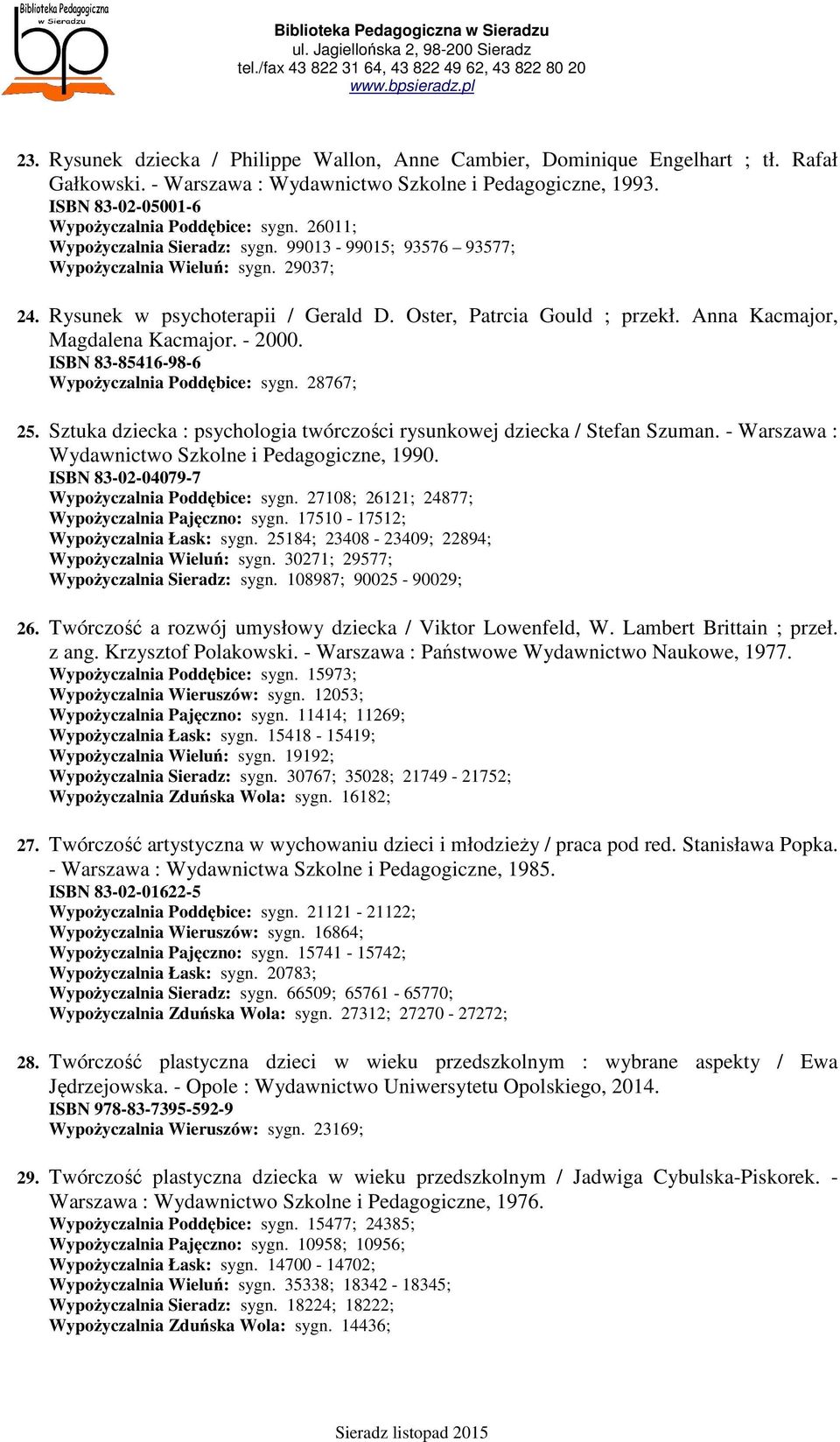 Anna Kacmajor, Magdalena Kacmajor. - 2000. ISBN 83-85416-98-6 Wypożyczalnia Poddębice: sygn. 28767; 25. Sztuka dziecka : psychologia twórczości rysunkowej dziecka / Stefan Szuman.