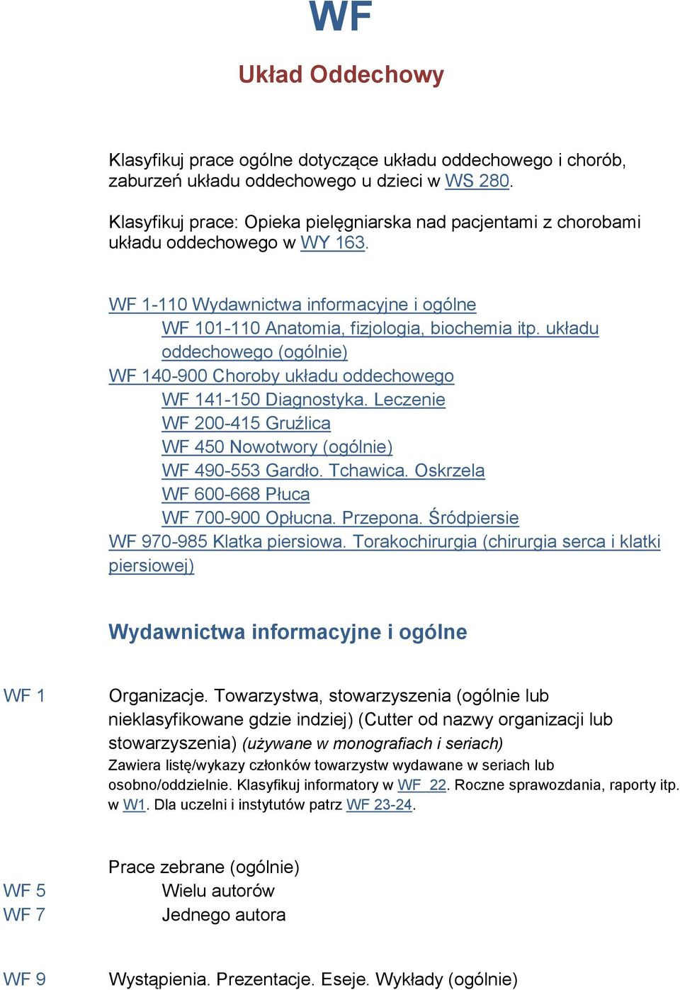 układu oddechowego (ogólnie) WF 140-900 Choroby układu oddechowego WF 141-150 Diagnostyka. Leczenie WF 200-415 Gruźlica WF 450 Nowotwory (ogólnie) WF 490-553 Gardło. Tchawica.
