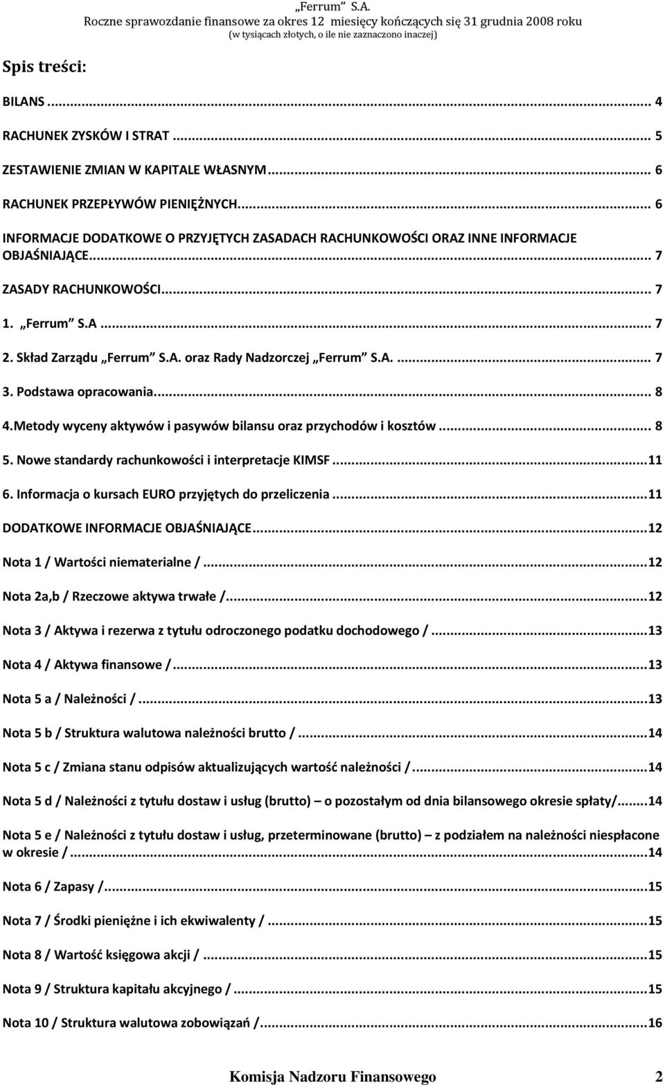 A.... 7 3. Podstawa opracowania... 8 4.Metody wyceny aktywów i pasywów bilansu oraz przychodów i kosztów... 8 5. Nowe standardy rachunkowości i interpretacje KIMSF... 11 6.