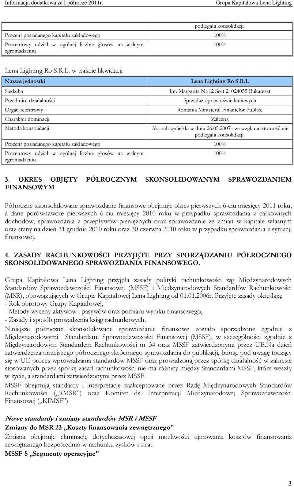 12 Sect 2 024055 Bukareszt Sprzedaż opraw oświetleniowych Romania Ministerul Finantelor Publice Zależna Akt założycielski w dniu 26.05.2007 ze wzgl. na istotność nie podlegała konsolidacji.