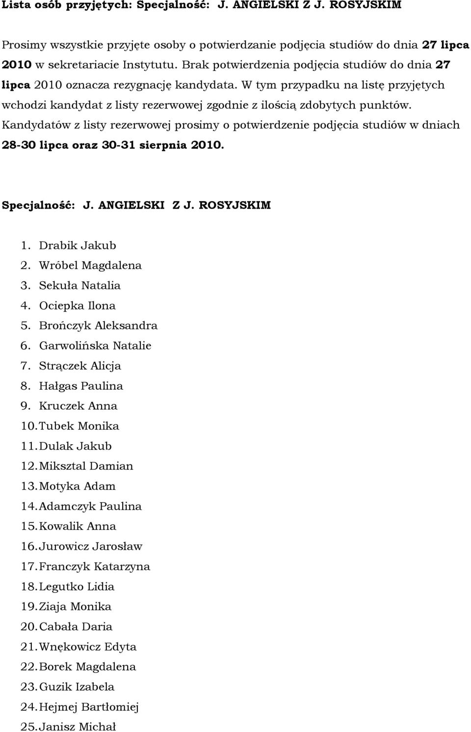 Kandydatów z listy rezerwowej prosimy o potwierdzenie podjęcia studiów w dniach 28-30 lipca oraz 30-31 sierpnia 2010. Specjalność: J. ANGIELSKI Z J. ROSYJSKIM 1. Drabik Jakub 2. Wróbel Magdalena 3.