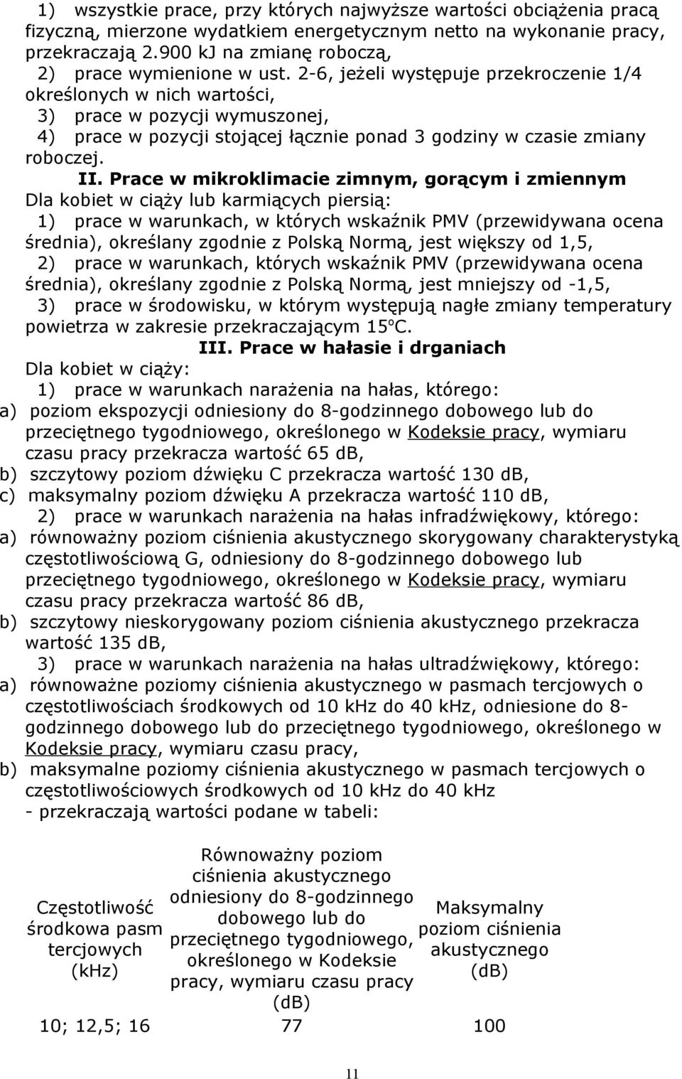 2-6, jeżeli występuje przekroczenie 1/4 określonych w nich wartości, 3) prace w pozycji wymuszonej, 4) prace w pozycji stojącej łącznie ponad 3 godziny w czasie zmiany roboczej. II.