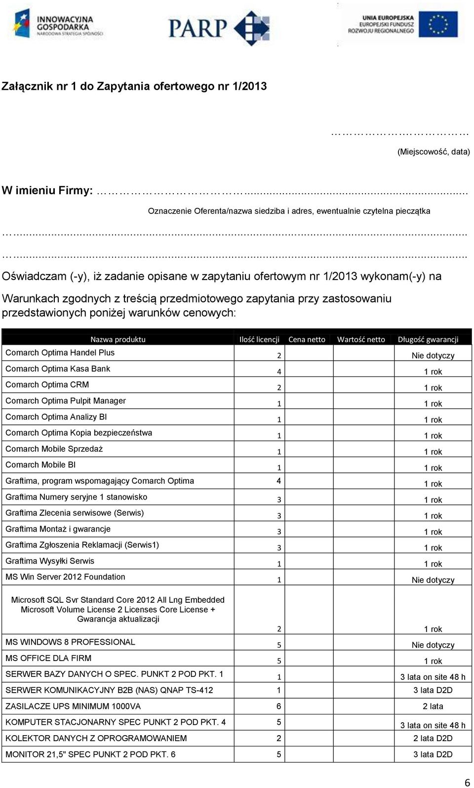 cenowych: Nazwa produktu Ilość licencji Cena netto Wartość netto Długość gwarancji Comarch Optima Handel Plus 2 Nie dotyczy Comarch Optima Kasa Bank 4 1 rok Comarch Optima CRM 2 1 rok Comarch Optima