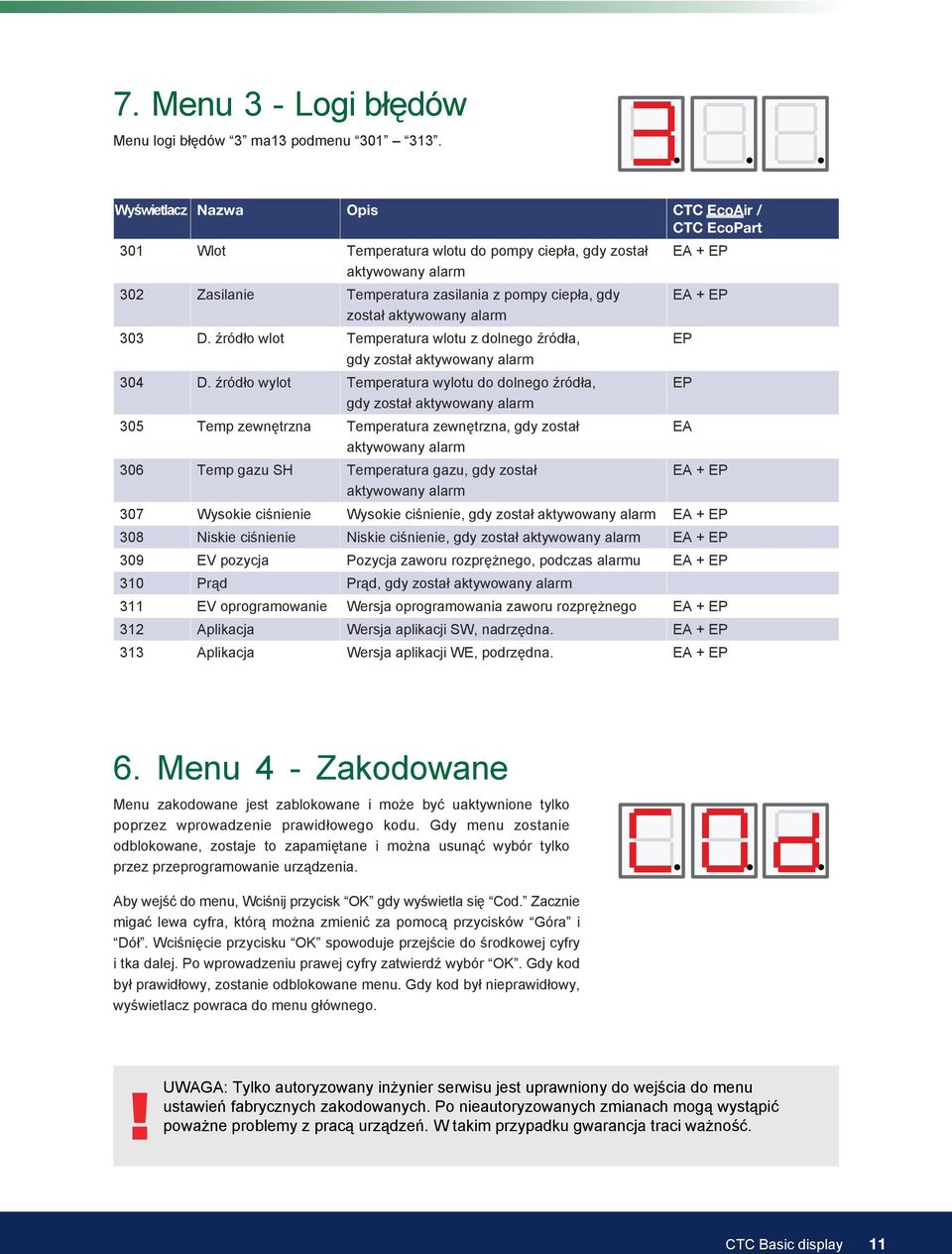 303 D. źródło wlot Temperatura wlotu z dolnego źródła, gdy został aktywowany alarm 304 D.