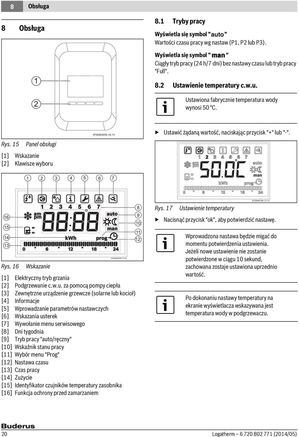 1V Ustawić żądaną wartość, naciskając przycisk "+" lub "-". Rys. 15 Panel obsługi [1] Wskazanie [2] Klawisze wyboru 1 2 3 4 5 6 7 16 15 14 13 6720645393-10.1V Rys.