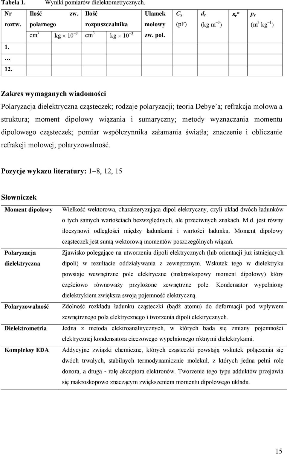 cząsteczek; pomar współczynnka załamana śwatła; znaczene oblczane refrakcj molowej; polaryzowalność.