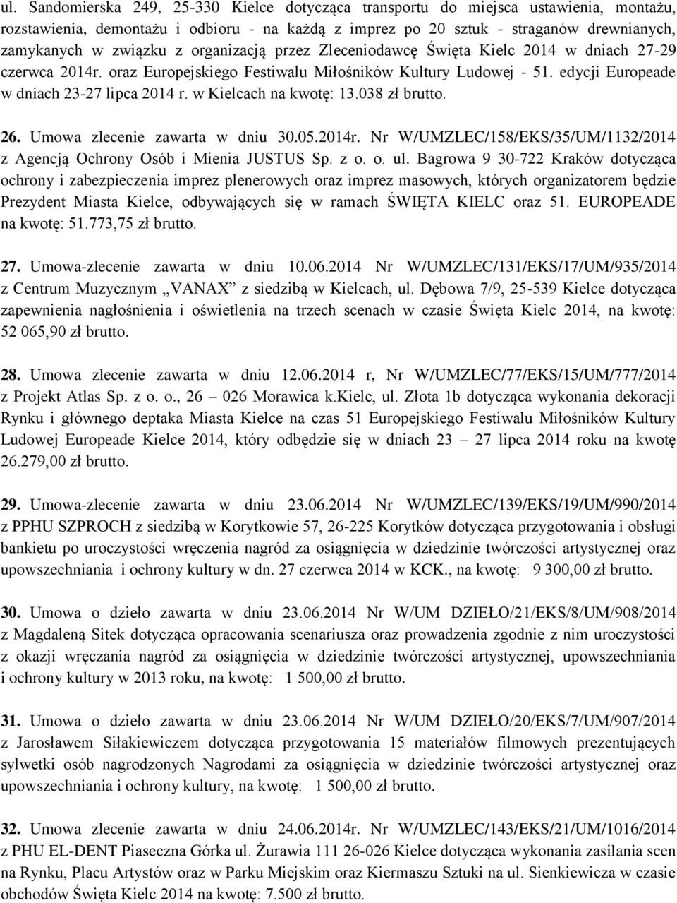 w Kielcach na kwotę: 13.038 zł brutto. 26. Umowa zlecenie zawarta w dniu 30.05.2014r. Nr W/UMZLEC/158/EKS/35/UM/1132/2014 z Agencją Ochrony Osób i Mienia JUSTUS Sp. z o. o. ul.