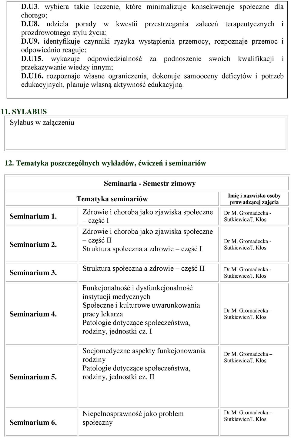 rozpoznaje własne ograniczenia, dokonuje samooceny deficytów i potrzeb edukacyjnych, planuje własną aktywność edukacyjną. 11. SYLABUS Sylabus w załączeniu 12.