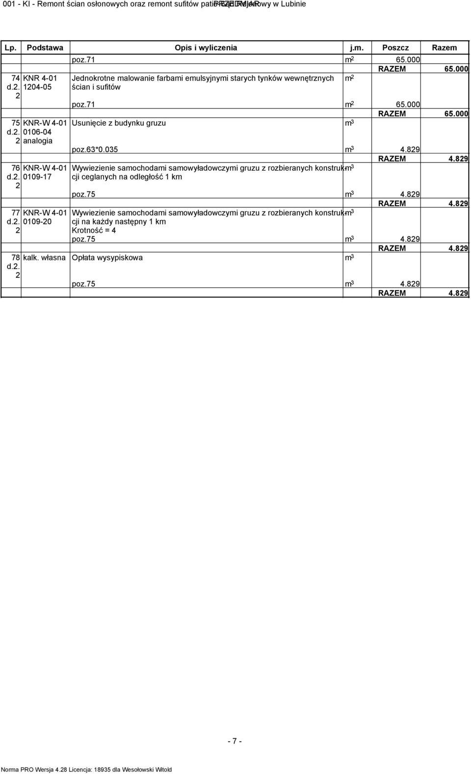 89 Wywiezienie samochodami samowyładowczymi gruzu z rozbieranych konstruk-cji ceglanych na odległość km poz.75 m 4.89 RAZEM 4.