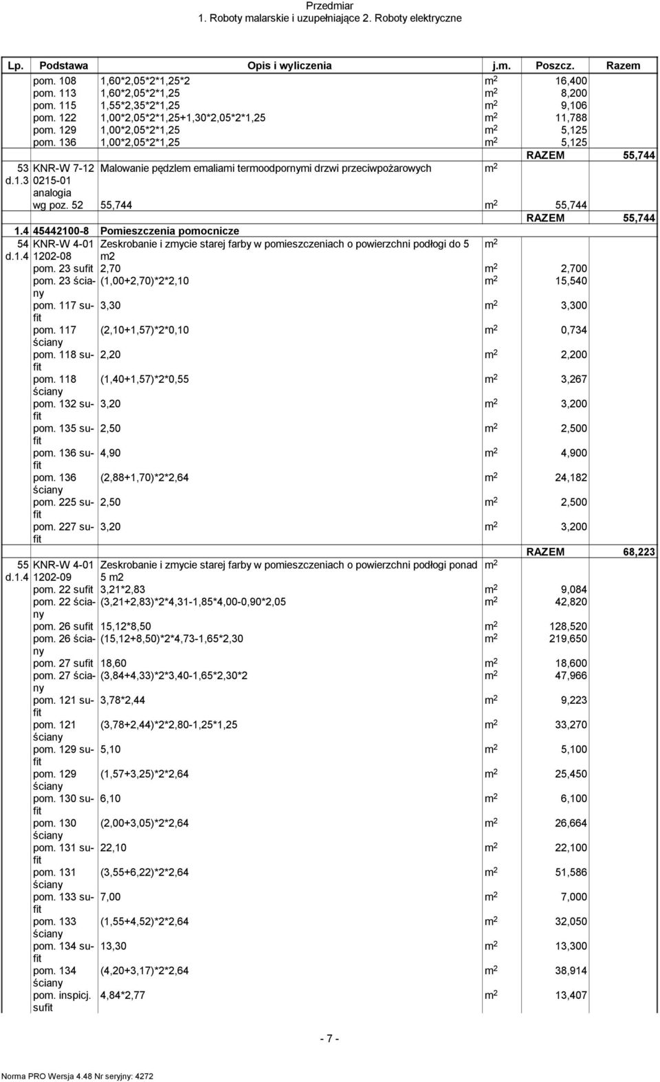 4 45442100-8 Pomieszczenia pomocnicze 54 KNR-W 4-01 Zeskrobanie i zmycie starej farby w pomieszczeniach o powierzchni podłogi do 5 d.1.4 1202-08 m2 pom. 23 2,70 2,700 pom.