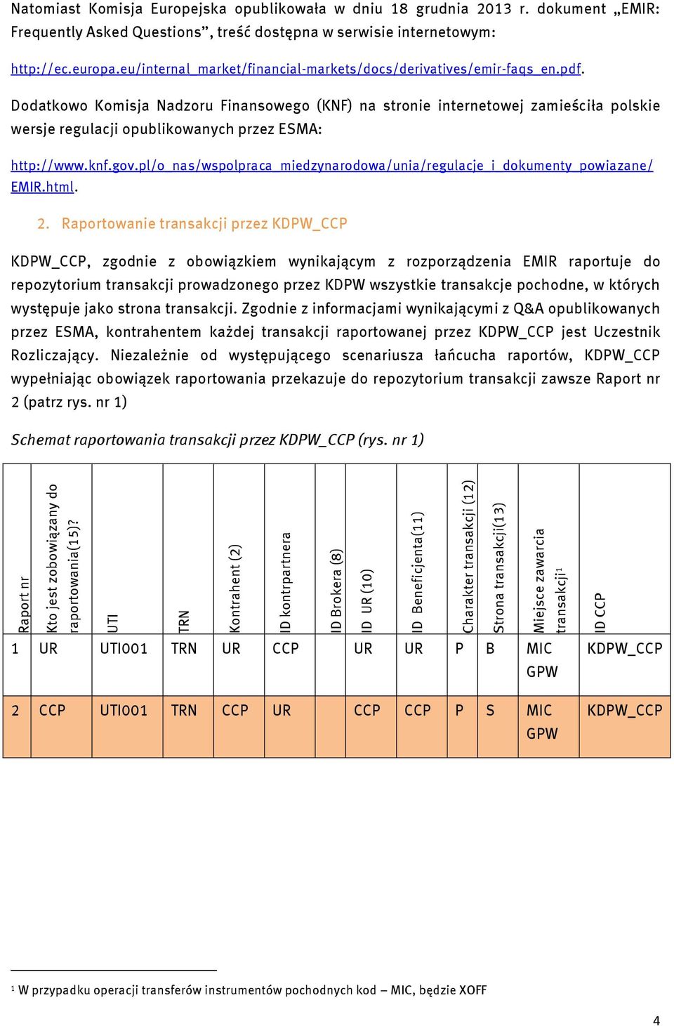 w dniu 18 grudnia 2013 r. dokument EMIR: Frequently Asked Questions, treść dostępna w serwisie internetowym: http://ec.europa.eu/internal_market/financial-markets/docs/derivatives/emir-faqs_en.pdf.