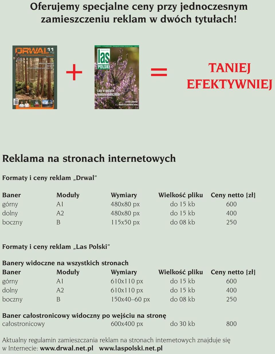 do 15 kb 400 boczny B 115x50 px do 08 kb 250 Formaty i ceny reklam Las Polski Banery widoczne na wszystkich stronach Baner Modu y Wymiary WielkoÊç pliku Ceny netto [zł] górny A1 610x110 px