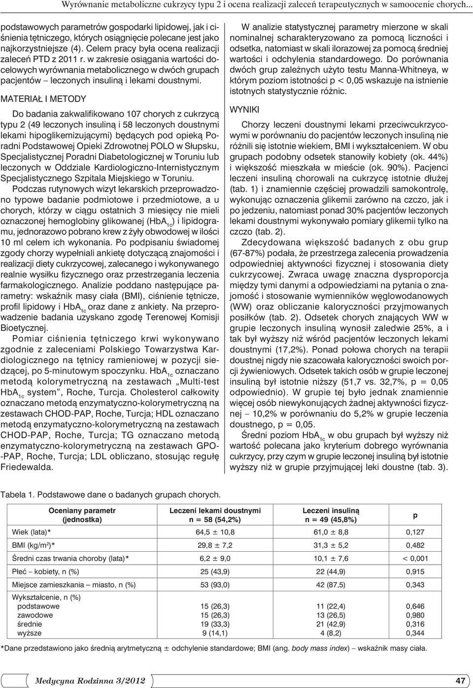 w zakresie osiągania wartości docelowych wyrównania metabolicznego w dwóch grupach pacjentów leczonych insuliną i lekami doustnymi.