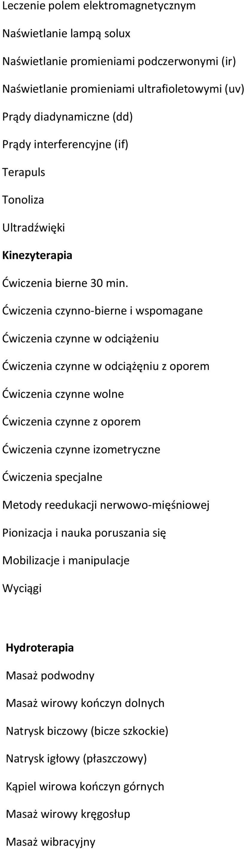 Dwiczenia czynno-bierne i wspomagane Dwiczenia czynne w odciążeniu Dwiczenia czynne w odciążęniu z oporem Dwiczenia czynne wolne Dwiczenia czynne z oporem Dwiczenia czynne izometryczne