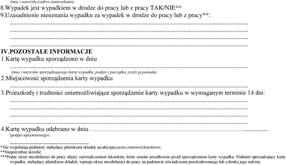 Przeszkody i trudności uniemożliwiające sporządzenie karty wypadku w wymaganym terminie 14 dni: 4.Kartę wypadku odebrano w dniu.