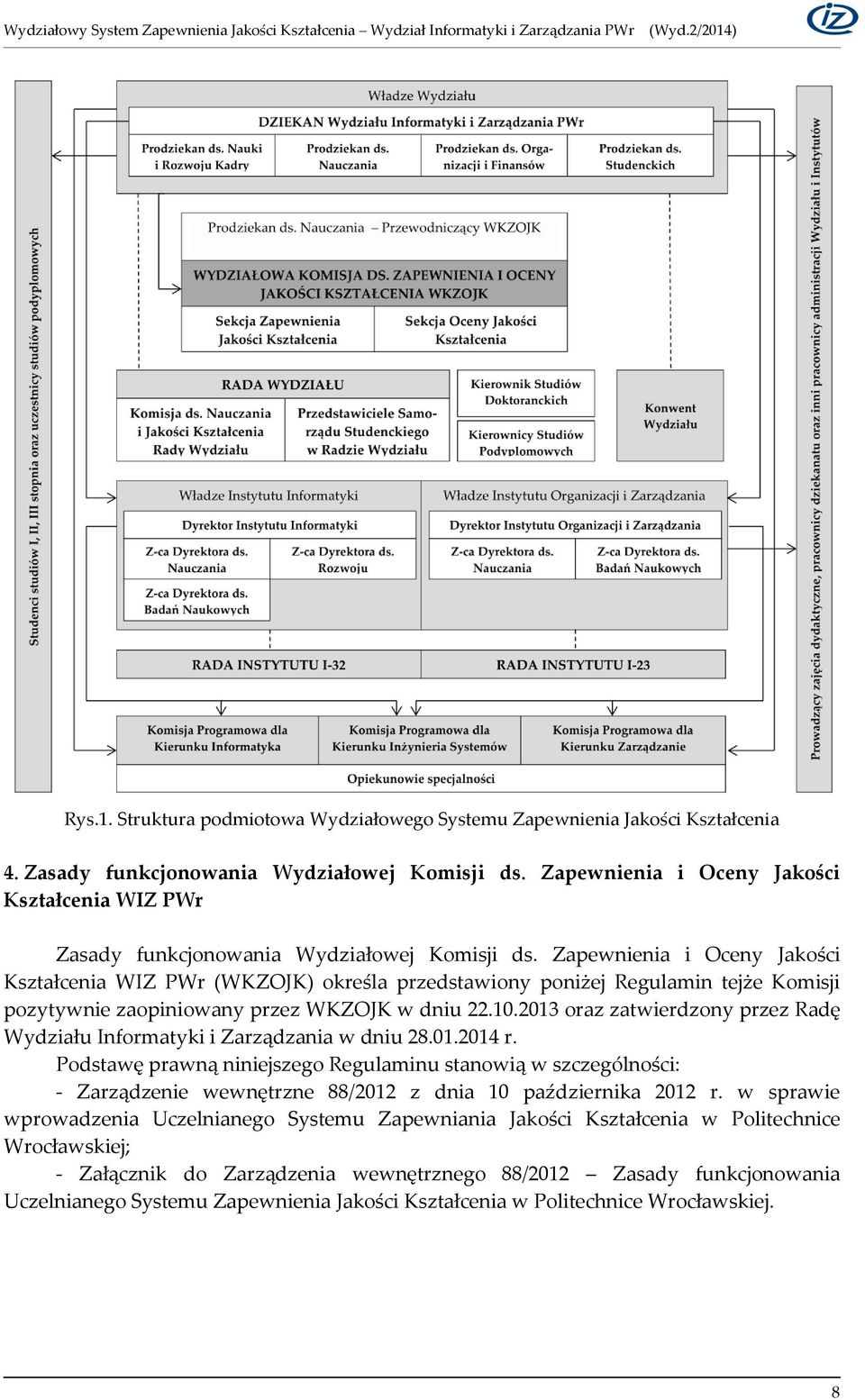 Zapewnienia i Oceny Jakości Kształcenia WIZ PWr (WKZOJK) określa przedstawiony poniżej Regulamin tejże Komisji pozytywnie zaopiniowany przez WKZOJK w dniu 22.10.