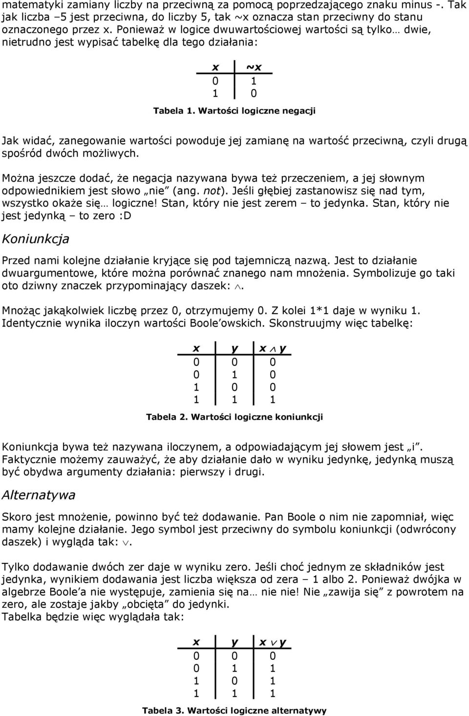 Wartości logiczne negacji Jak widać, zanegowanie wartości powoduje jej zamianę na wartość przeciwną, czyli drugą spośród dwóch możliwych.