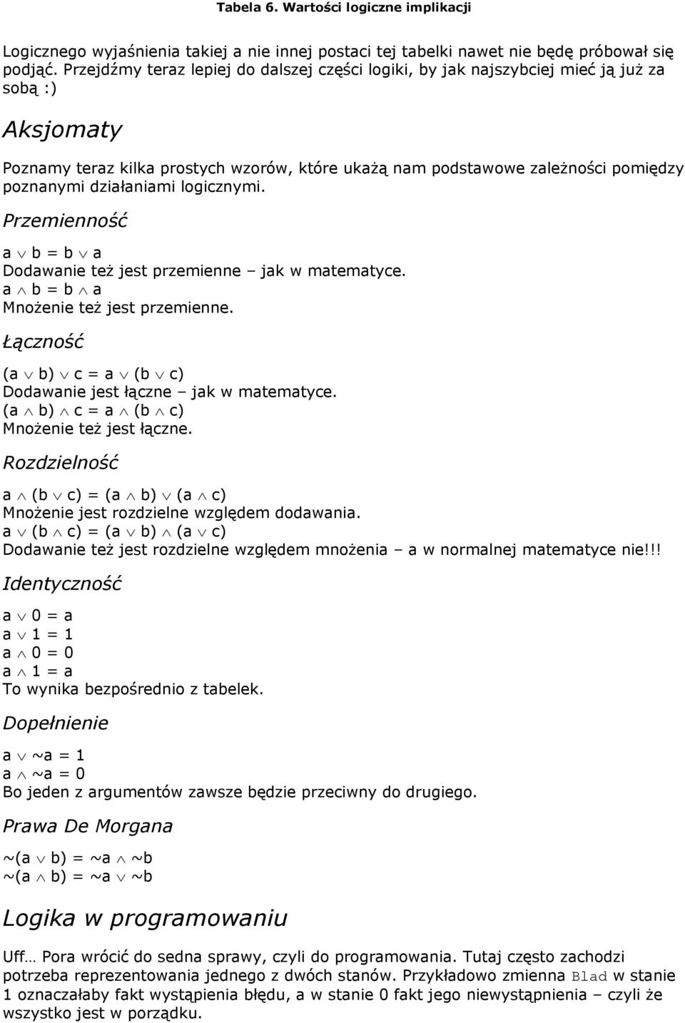 działaniami logicznymi. Przemienność a b = b a Dodawanie też jest przemienne jak w matematyce. a b = b a Mnożenie też jest przemienne.