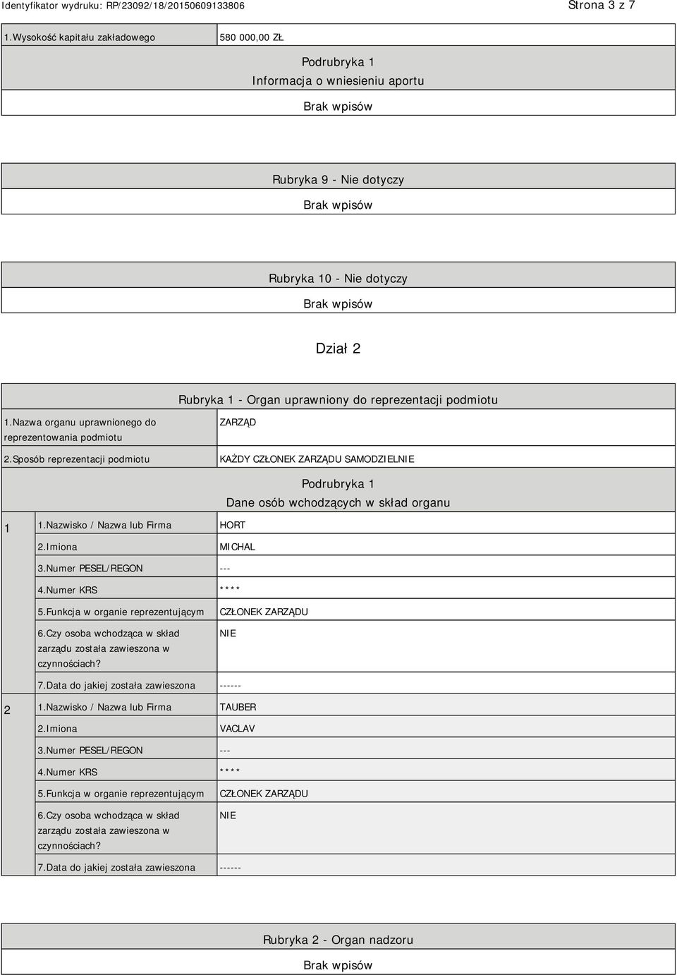 1.Nazwa organu uprawnionego do reprezentowania podmiotu 2.Sposób reprezentacji podmiotu ZARZĄD KAŻDY CZŁONEK ZARZĄDU SAMODZIEL 1 1.